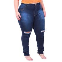 Calça jeans plus size clara cintura alta levanta bum bum com detalhes rasgado