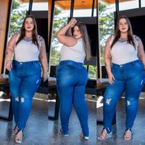 Calça Jeans Plus size tamanho 48 ao 66 Clara Rasgada Ziper barra Eslatano Cos alto