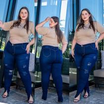 Calça Jeans Plus size tamanho 48 ao 66 Rasgada Ziper barra lycra Cos alto linha preta