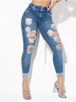 Calça Jeans Premium Cropped com Destroyed e Cristais 64256