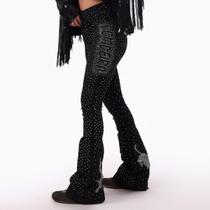 Calça Jeans Preta Boiadeira Luxo Prata Inteira Brilhos Strass Feminino Cintura Alta Flare Elastano Lycra Texas Ranch Jeans Calça Jeans Preta Boiadeira Luxo Prata Inteira Brilhos Strass Feminino Cintura Alta Flare Elastano Lycra Texas Ranch Jeans
