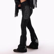 Calça Jeans Preta Boiadeira Luxo Prata Inteira Brilhos Strass Feminino Cintura Alta Flare Elastano Lycra Texas Ranch Jeans Calça Jeans Preta Boiadeira Luxo Prata Inteira Brilhos Strass Feminino Cintura Alta Flare Elastano Lycra Texas Ranch Jeans