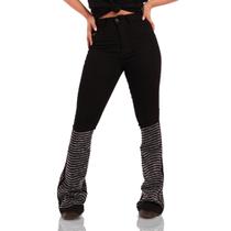 Calça Jeans Preta Courves Strass Brilhos Pratas Moda Country Cintura Alta Flare Elastano Texas Ranch