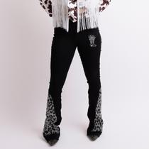 Calça Jeans Preta Feminina Cow Brilhos Strass Cintura Alta