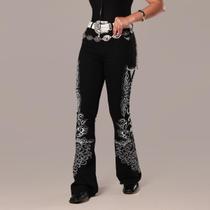 Calça Jeans Preta Feminina Flare Estampada Longhorn Brilhos Strass Cintura Alta Elastano Texas Ranch