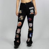 Calça Jeans Preta Feminina Flare Western Design Estampada Moda Country Cintura Alta Texas Ranch Calça Jeans Preta Feminina Flare Western Design Estampada Moda Country Cintura Alta Texas Ranch