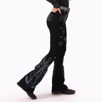 Calça Jeans Preta Feminina Moda Country Nossa Senhora c/ Estrelas Texas Ranch Jeans Cintura Alta Flare Elastano Lycra