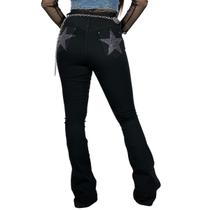 Calça Jeans Preta Feminina Silver Star Brilhos Pratas Estrela Moda Country Alta Flare Texas Ranch