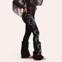 Calça Jeans Preta Feminina Strass Brilhos Black Love Horse Prata Moda Country Cintura Alta Flare Lycra Elastano Texas Ranch Jeans
