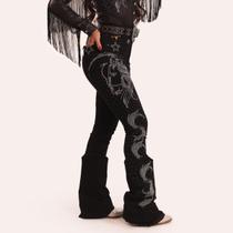 Calça Jeans Preta Feminina Strass Brilhos Black Love Horse Prata Moda Country Cintura Alta Flare Lycra Elastano Texas Ranch Jeans