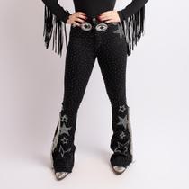 Calça Jeans Preta Feminino Star Let's Go Rodeo Franjas Strass Brilhos Pratas Texas Ranch Oficial