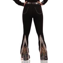 Calça Jeans Preta Nossa Senhora Aparecida Bordada Franjas Strass Moda Country Texas Ranch