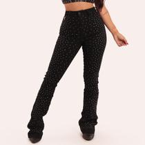 Calça Jeans Preta Silver Shine Feminina com Strass Prata Moda Country Cintura Alta Flare Elastano Lycra Modeladora Texas Ranch Jeans