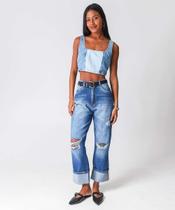 Calça Jeans Reta Feminina Destroyed Barra Dobrada-01029