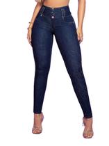 Calça Jeans Skinny Azul com Logomania de Pedrarias Ouro