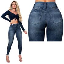 Calça Jeans Skinny Azul Médio Logomania em Pérolas de Cristais 41733