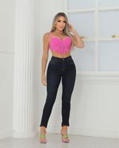 Calça Jeans Skinny Feminina Cintura Média Abertura Lateral Barra Mullet 23075 Escura