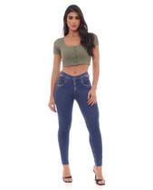 Calça Jeans Skinny Feminina Cintura Média Cut Out Abertura Lateral 22721 Escura