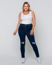 Calça Jeans Skinny Feminina Plus Size Cintura Alta Rasgos 22613 Escura