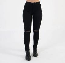 Calça Jeans Skinny Preta Cintura Alta Detalhe Rasgado Joelhos Corte Do Jeans Moderno Moda Feminina