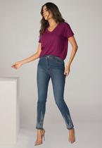 Calça Jeans Super Skinny com Lavagem de Algodão Cintura Alta com Aplicação Hotfix na Barra Azul