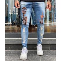 Calça Jeans Super Skinny Destroyed Detalhe Aplique Skull Masculina Jay Jones