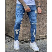 Calça Jeans Super Skinny Destroyed Detalhe em Caveira Masculina Jay Jones