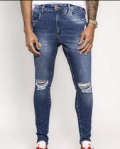 Calça Jeans Super Skinny Masculina Escura Rasgada