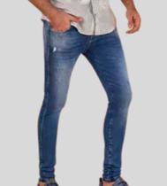 Calça jeans super skinny stone com puídos masculina