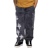 Calça Jeans Trip Side Baggy Bordado Gothic Cross Preto C047 Cor:PretoTamanho:44