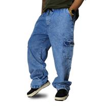 Calça Jeans Trip Side Cargo Azul Lavado Pixo Bordado C046 Cor:AzulTamanho:G