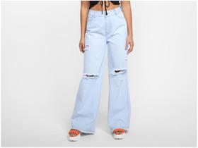 Calça Jeans Vista Magalu Wide Leg Puídos Barra Desfiada - Barra Desfiada