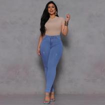 Calça Jeans Vizzary Skinny Puída Cintura Alta Feminina - Azul Claro
