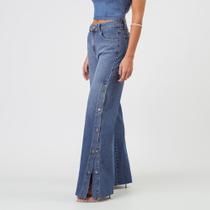 Calça Jeans Wide Botões Laterais Azul Médio