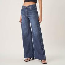 Calça Jeans Wide Cintura Alta Botões Laterais Calça Jeans Wide Cintura Alta Botões Laterais