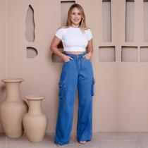 Calça Jeans Wide Leg 100 Marmorizado Azul Com Bolso Mochila Calça Jeans Wide Leg 100 Marmorizado Azul Com Bolso Mochila