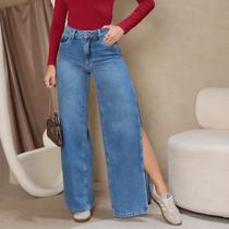 Calça Jeans Wide Leg Abertura Lateral Feminino Revanche Sanisera