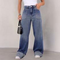 Calça Jeans Wide Leg Barra Virada Feminino Revanche Syía