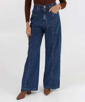 Calça Jeans Wide Leg Bolsos Feminina Azul-68125