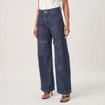 Calça Jeans Wide Leg Bolsos Frontais Lapelas E Ziper Azul Escuro