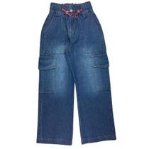 Calça Jeans Wide Leg Cargo com Cordão Ajustável - Tam 10 a 16 anos