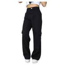 Calça Jeans Wide Leg Cargo Preta Juvenil Feminina Moda Blogueira