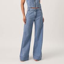 Calça Jeans Wide Leg Cintura Alta Barra Larga Azul Clara