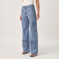 Calça Jeans Wide Leg Cintura Alta Multiplos Bolsos Azul Claro