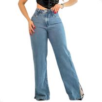 Calça Jeans Wide Leg Com Fenda Na Barra Lavagem Média Luxo