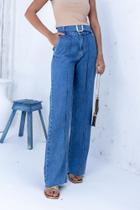 Calça jeans wide leg com frizo e cinto fivela feminina dagana azul - REVANCHE