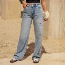 Calça Jeans Wide Leg Com Pedraria Feminina Revanche Intercácia