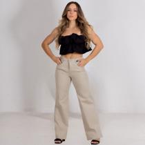 Calça Jeans Wide Leg Deluxe Feminina Bege com Bolso Lançamento 2024 - Reemb Modas Jeans