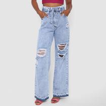 Calça Jeans Wide Leg Destroyed Cós Com Cinto Cintura Alta Feminina