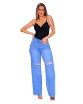 Calça Jeans Wide Leg Feminina Azul Claro Destroyed Shyros Calça Jeans Wide Leg Feminina Azul Claro Destroyed Shyros